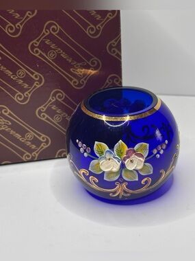Egermann Bohemian Crystal Bowl In Cobalt Blue Gold And Gilt Applied Flowers